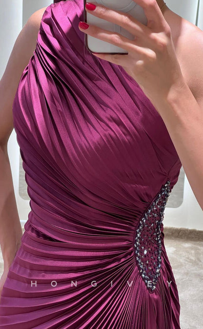 L2378 - Sexy Satin Firred One Shoulder Sleeveless Empire Ruched Beaded Party Prom Evening Dress