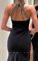 L2379 - Sexy Satin Trumpet High Neck Empire Sleeveless Beaded With Side Slit Train Party Prom Evening Dress