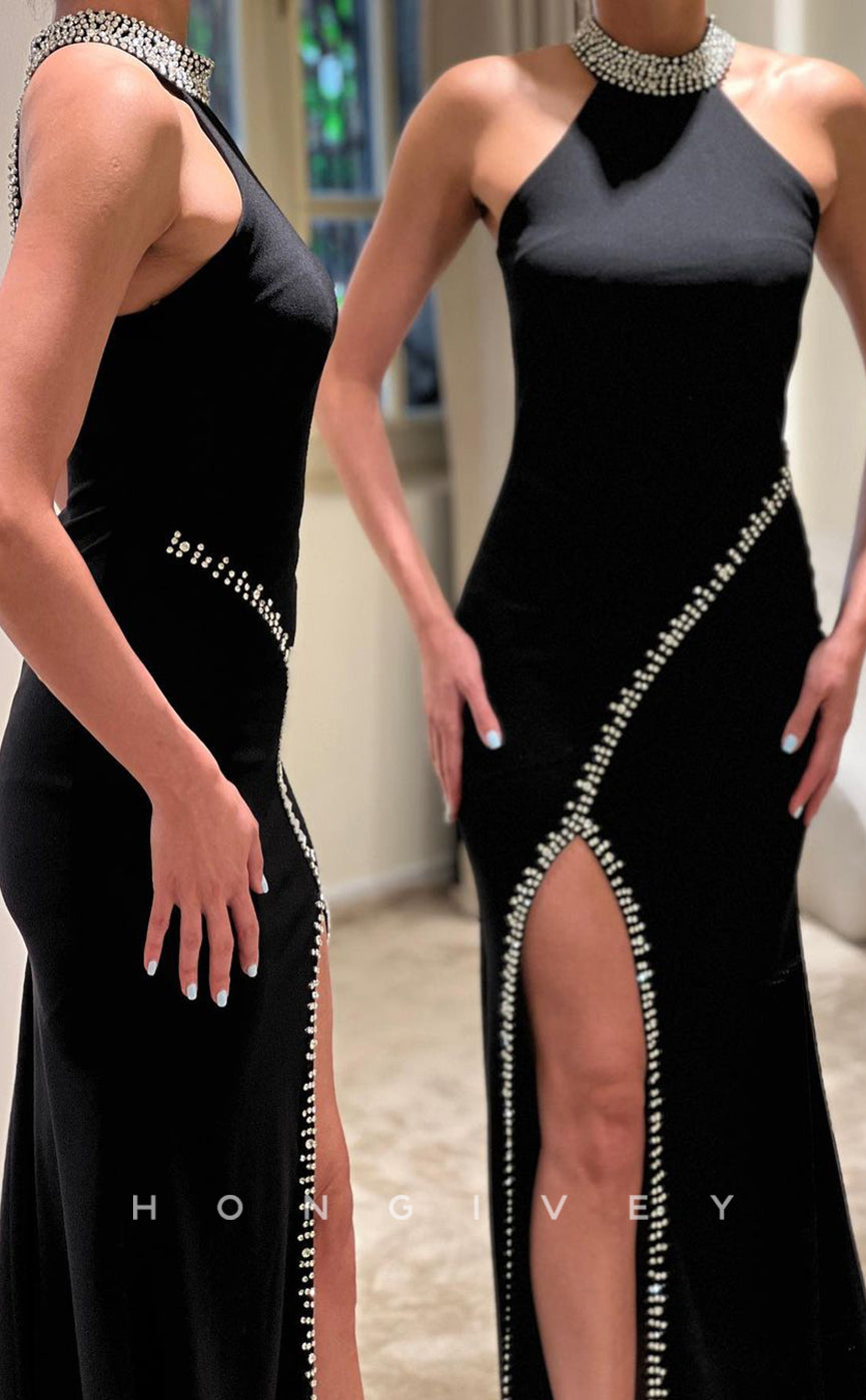 L2379 - Sexy Satin Trumpet High Neck Empire Sleeveless Beaded With Side Slit Train Party Prom Evening Dress
