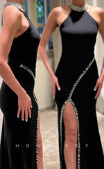 L2379 - Sexy Satin Trumpet High Neck Empire Sleeveless Beaded With Side Slit Train Party Prom Evening Dress