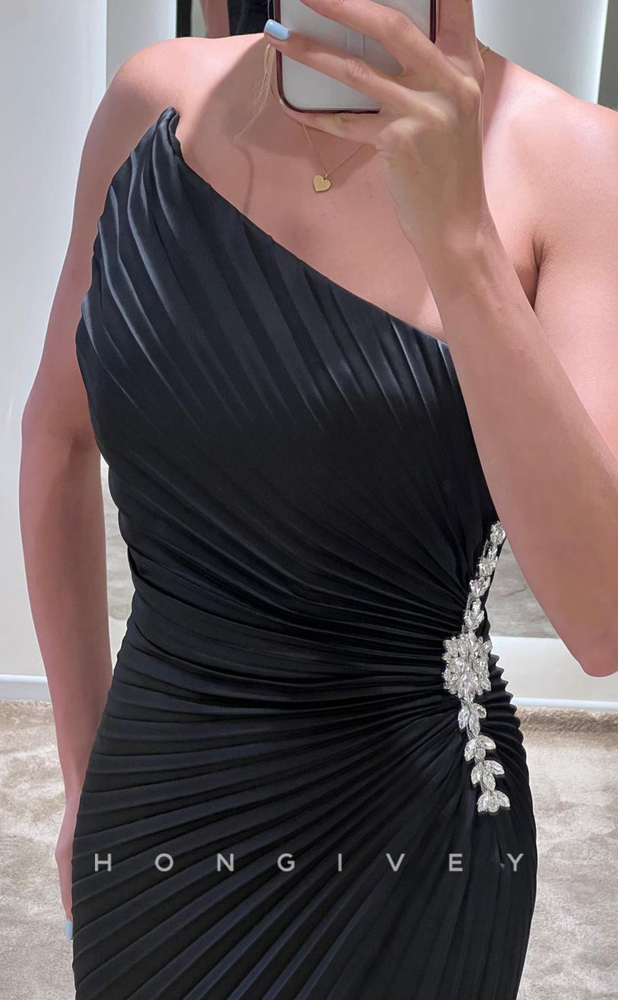 L2380 - Sexy Satin Fitted Asymmetrical Strapless Sleeveless Empire Beaded Ruched With Side Slit Party Prom Evening Dress