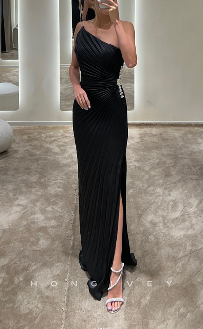L2380 - Sexy Satin Fitted Asymmetrical Strapless Sleeveless Empire Beaded Ruched With Side Slit Party Prom Evening Dress