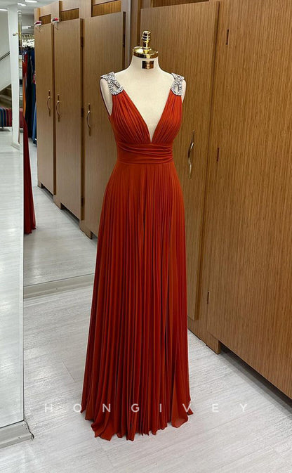 L2381 - Sexy Satin A-Line V-Neck Spaghetti Straps Empire Beaded Floor-Length Party Prom Evening Dress