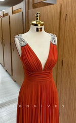 L2381 - Sexy Satin A-Line V-Neck Spaghetti Straps Empire Beaded Floor-Length Party Prom Evening Dress