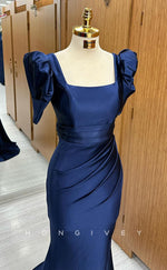 L2382 - Sexy Satin Trumpet Square Short Sleeve  Empire Ruched With Side Slit Party Prom Evening Dress