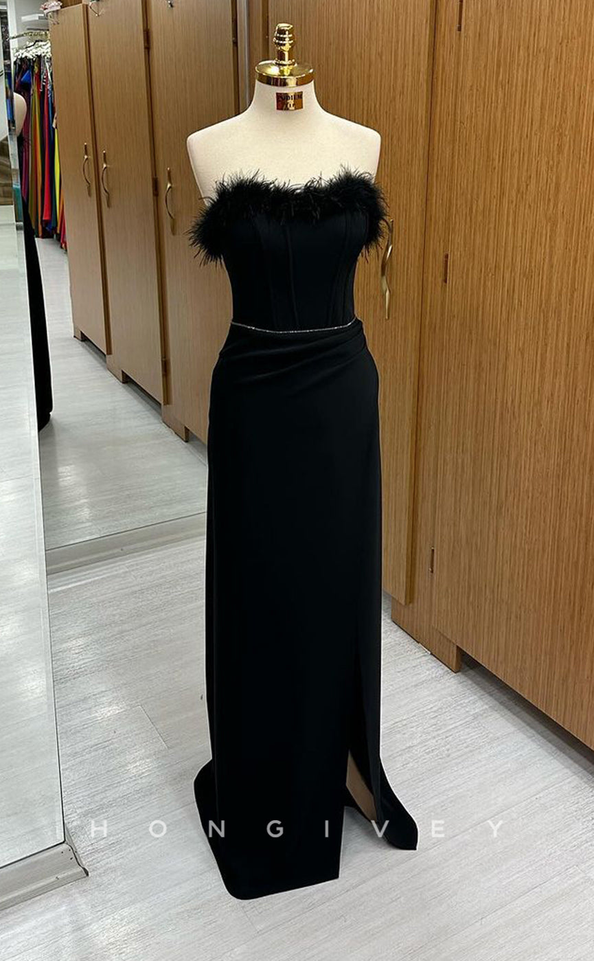 L2383 - Sexy Satin Fitted Sweetheart Strapless Empire Feathers Beaded Ruched With Side Slit Party Prom Evening Dress