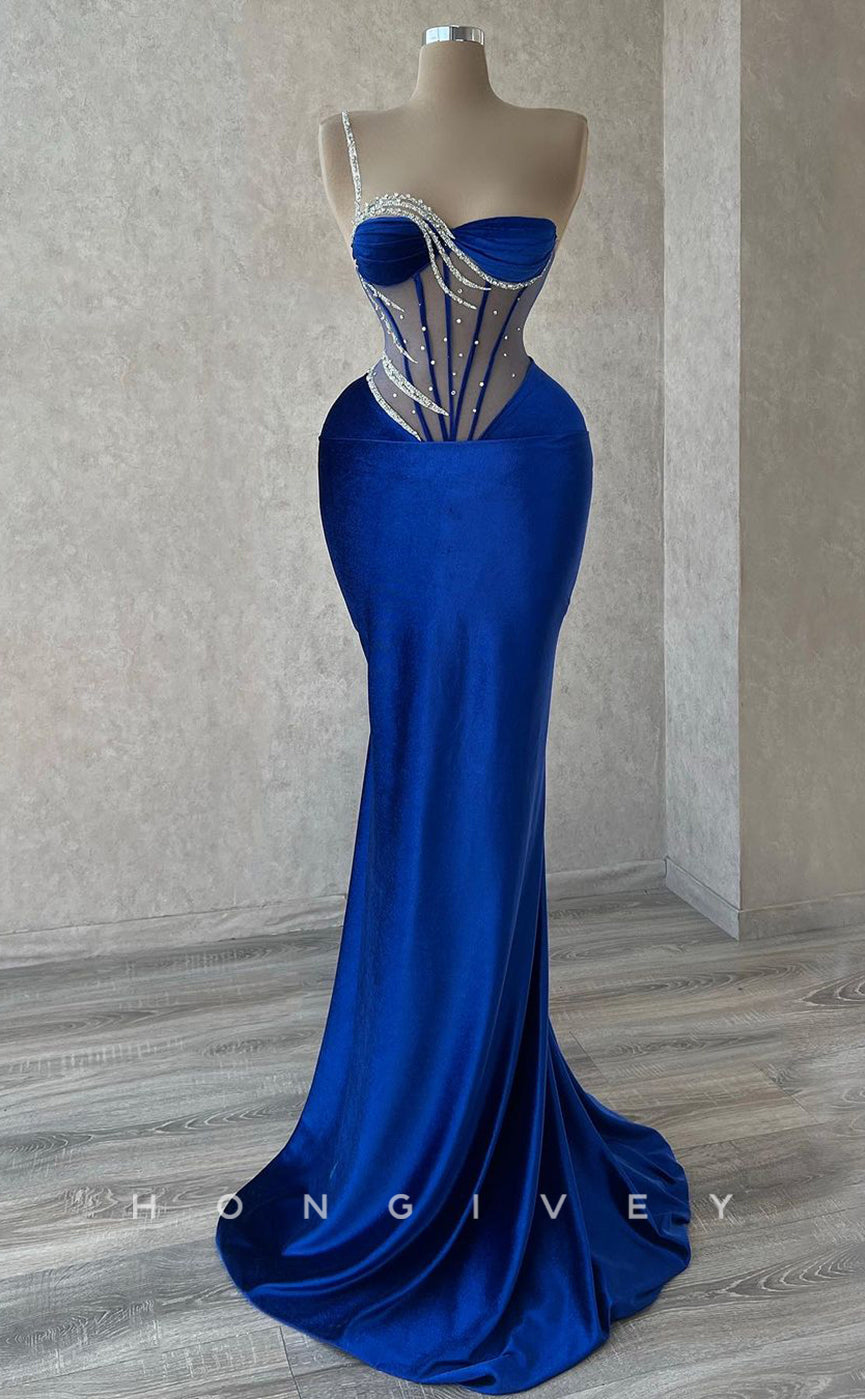 L2392 - Sexy Satin Trumpet Sweetheart One Shoulder Empire Illusion Beaded Party Prom Evening Dress