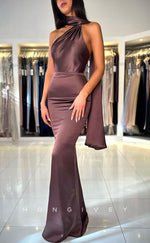 L2394 - Sexy Satin Fitted Halter Empire Sleeveless  Backless Floor-Length Party Prom Evening Dress