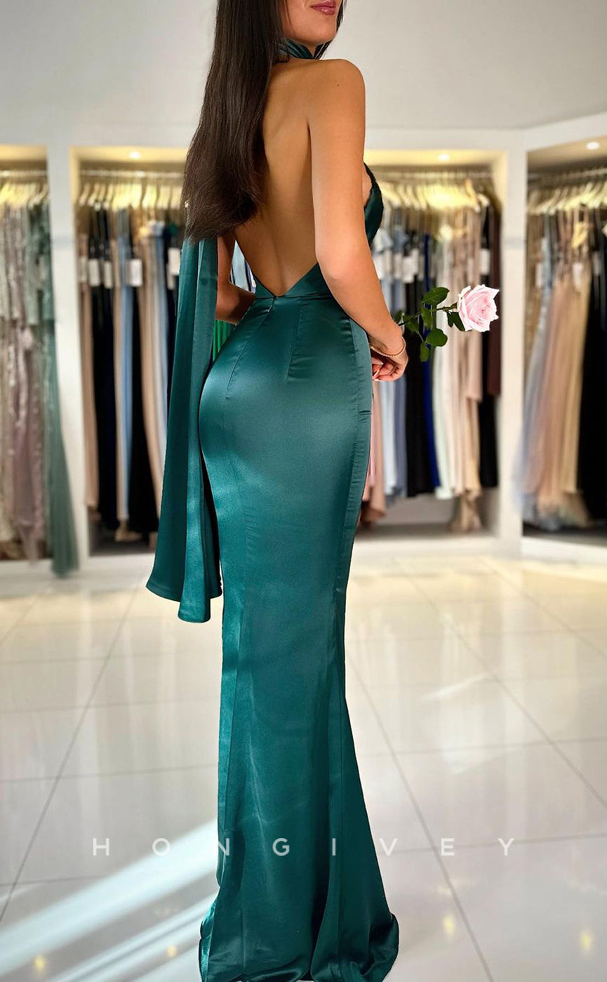 L2394 - Sexy Satin Fitted Halter Empire Sleeveless  Backless Floor-Length Party Prom Evening Dress