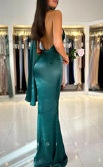 L2394 - Sexy Satin Fitted Halter Empire Sleeveless  Backless Floor-Length Party Prom Evening Dress