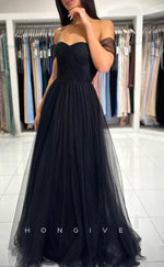 L2395 - Sexy Satin Tulle A-Line Sweetheart Off-Shoulder Empire Floor-Length Party Prom Evening Dress