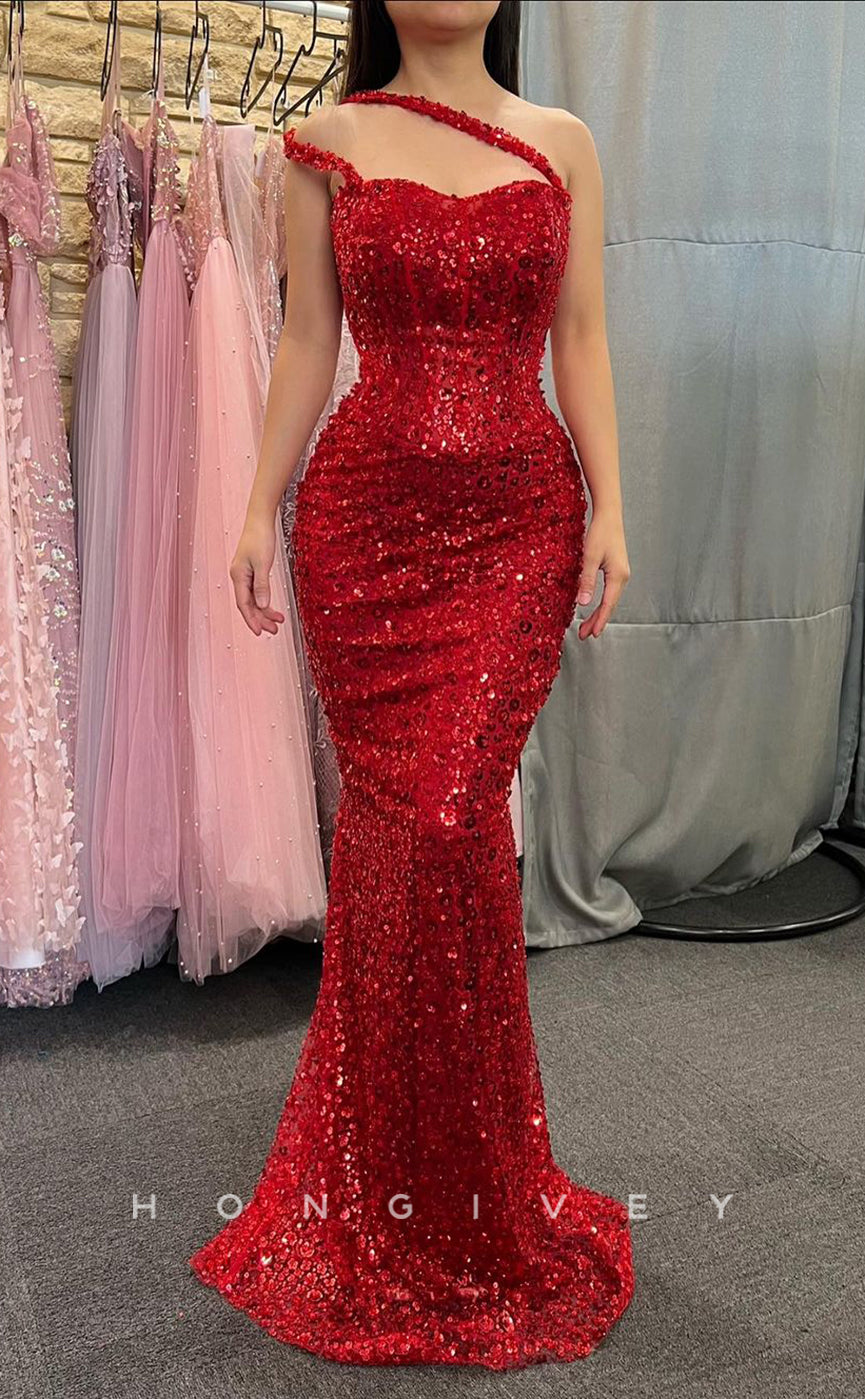 L2396 - Sexy Satin Trumpet One Shoulder Empire Fully Sequined With Train Party Prom Evening Dress