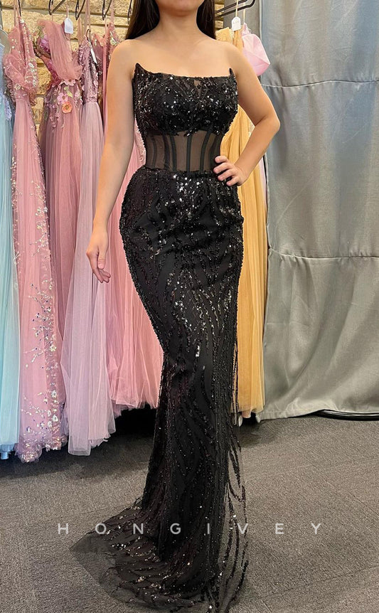 L2397 - Sexy Glitter Trumpet Bateau Strapless Illusion Empire Sequined Appliques Party Prom Evening Dress