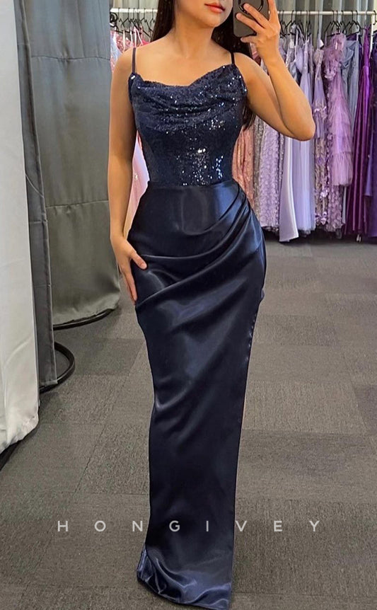 L2398 - Sexy Satin Fitted Bateau Spaghetti Straps Empire Ruched Sequined Party Prom Evening Dress