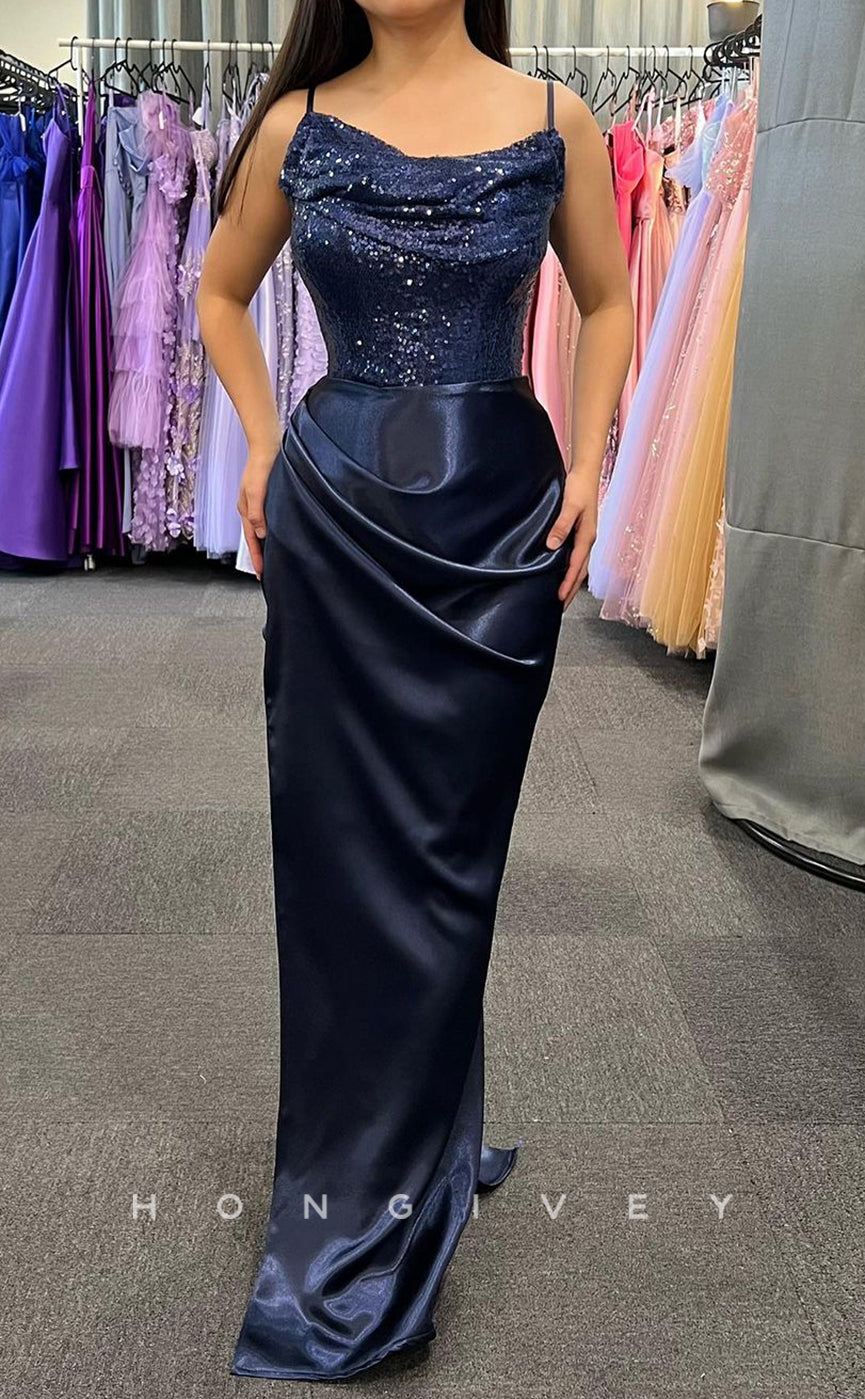 L2398 - Sexy Satin Fitted Bateau Spaghetti Straps Empire Ruched Sequined Party Prom Evening Dress