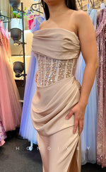 L2399 - Sexy Satin Fitted Strapless Sleeveless  Empire Illusion Beaded Ruched With Side Slit Party Prom Evening Dress