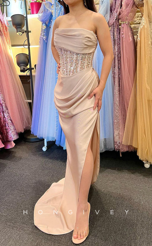 L2399 - Sexy Satin Fitted Strapless Sleeveless  Empire Illusion Beaded Ruched With Side Slit Party Prom Evening Dress