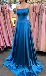 L2400 - Sexy Satin A-Line Bateau Strapless Empire With Train Party Prom Evening Dress