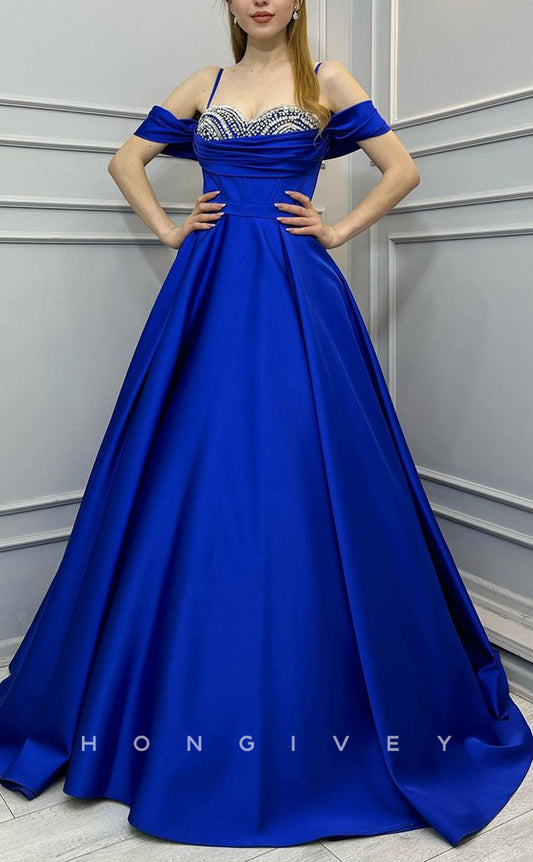 L2401 - Sexy Satin A-Line Off-Shoulder Spaghetti Straps Empire Beaded Ruched Party Prom Evening Dress