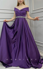 L2402 - Sexy Satin A-Line Off-Shoulder Empire Beaded Belt With Train Party Prom Evening Dress