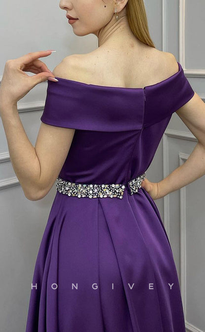 L2402 - Sexy Satin A-Line Off-Shoulder Empire Beaded Belt With Train Party Prom Evening Dress