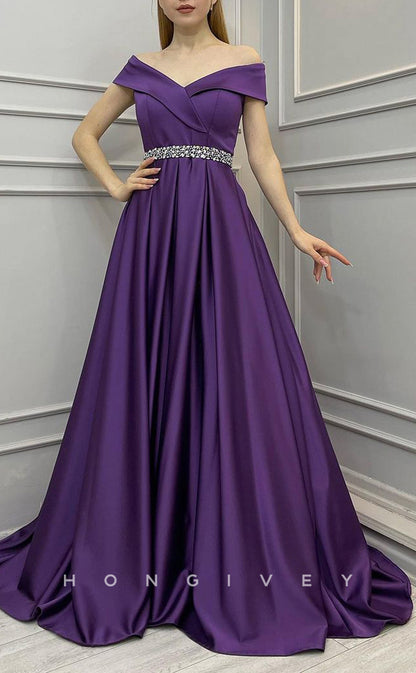 L2402 - Sexy Satin A-Line Off-Shoulder Empire Beaded Belt With Train Party Prom Evening Dress