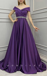 L2402 - Sexy Satin A-Line Off-Shoulder Empire Beaded Belt With Train Party Prom Evening Dress