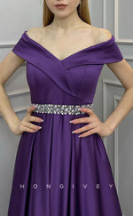 L2402 - Sexy Satin A-Line Off-Shoulder Empire Beaded Belt With Train Party Prom Evening Dress