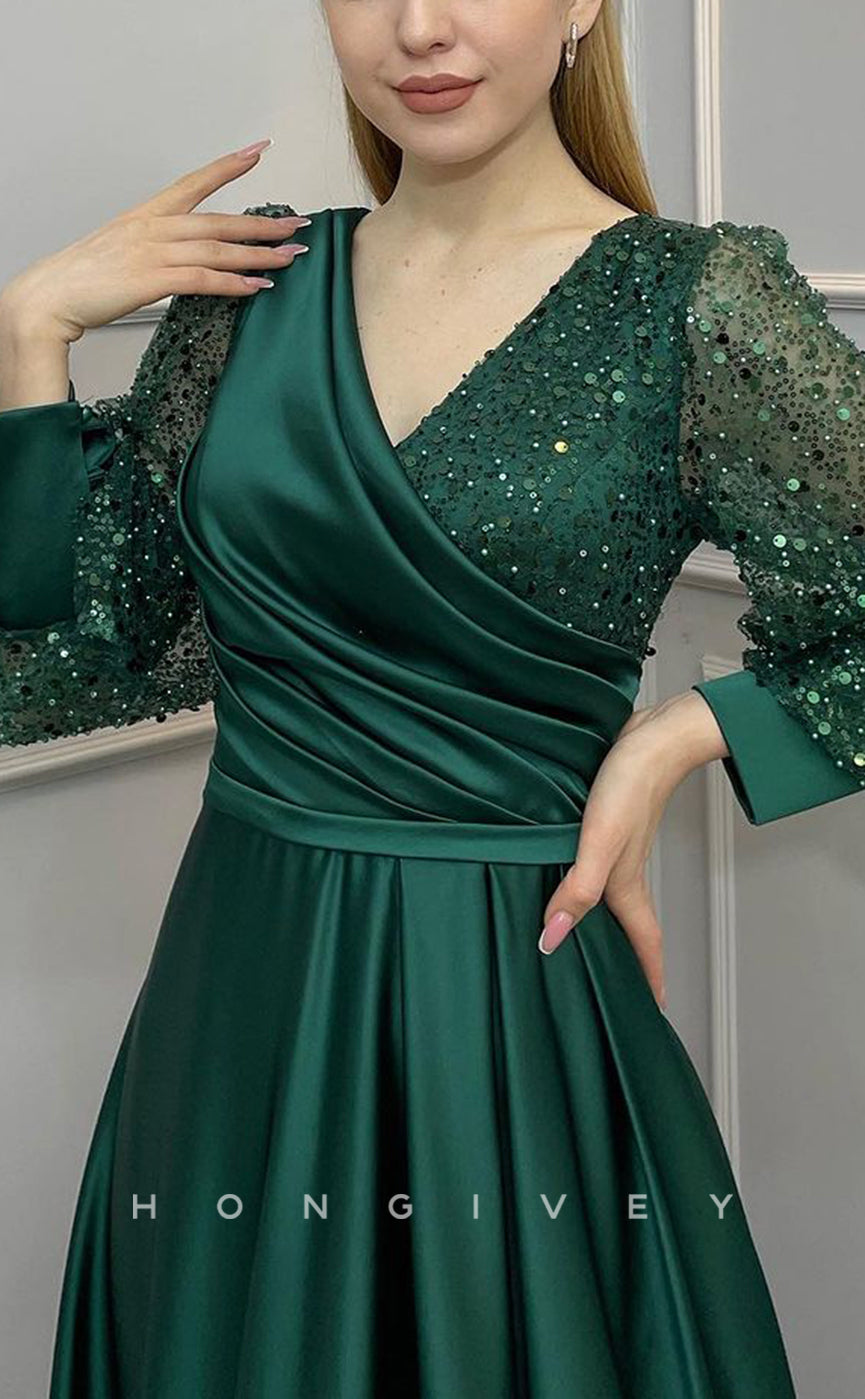 L2403 - Sexy Satin A-Line V-Neck Empire Sequined Long Sleeve Ruched Party Prom Evening Dress