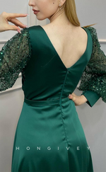 L2403 - Sexy Satin A-Line V-Neck Empire Sequined Long Sleeve Ruched Party Prom Evening Dress