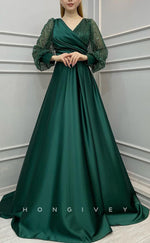 L2403 - Sexy Satin A-Line V-Neck Empire Sequined Long Sleeve Ruched Party Prom Evening Dress