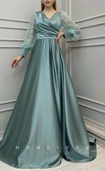 L2403 - Sexy Satin A-Line V-Neck Empire Sequined Long Sleeve Ruched Party Prom Evening Dress