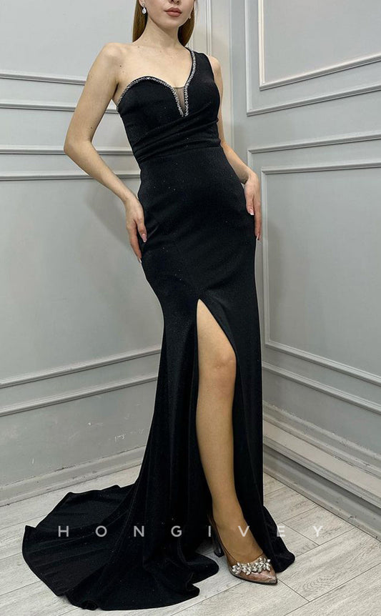 L2404 - Sexy Satin Fitted One Shoulder Sleeveless Empire Beaded Ruched With Side Slit Party Prom Evening Dress