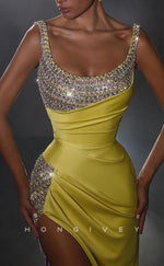 L2406 - Sexy Satin Fitted Bateau Straps Empire Beaded Ruched With Side Slit Train Party Prom Evening Dress