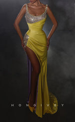 L2406 - Sexy Satin Fitted Bateau Straps Empire Beaded Ruched With Side Slit Train Party Prom Evening Dress