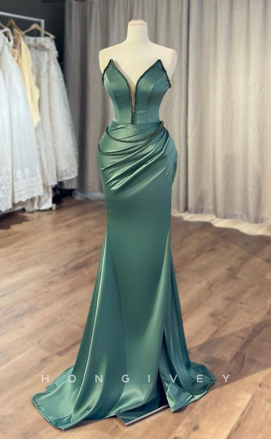 L2409 - Sexy Satin Fitted V-Neck Strapless Empire Beaded Ruched With Train Party Prom Evening Dress