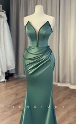 L2409 - Sexy Satin Fitted V-Neck Strapless Empire Beaded Ruched With Train Party Prom Evening Dress