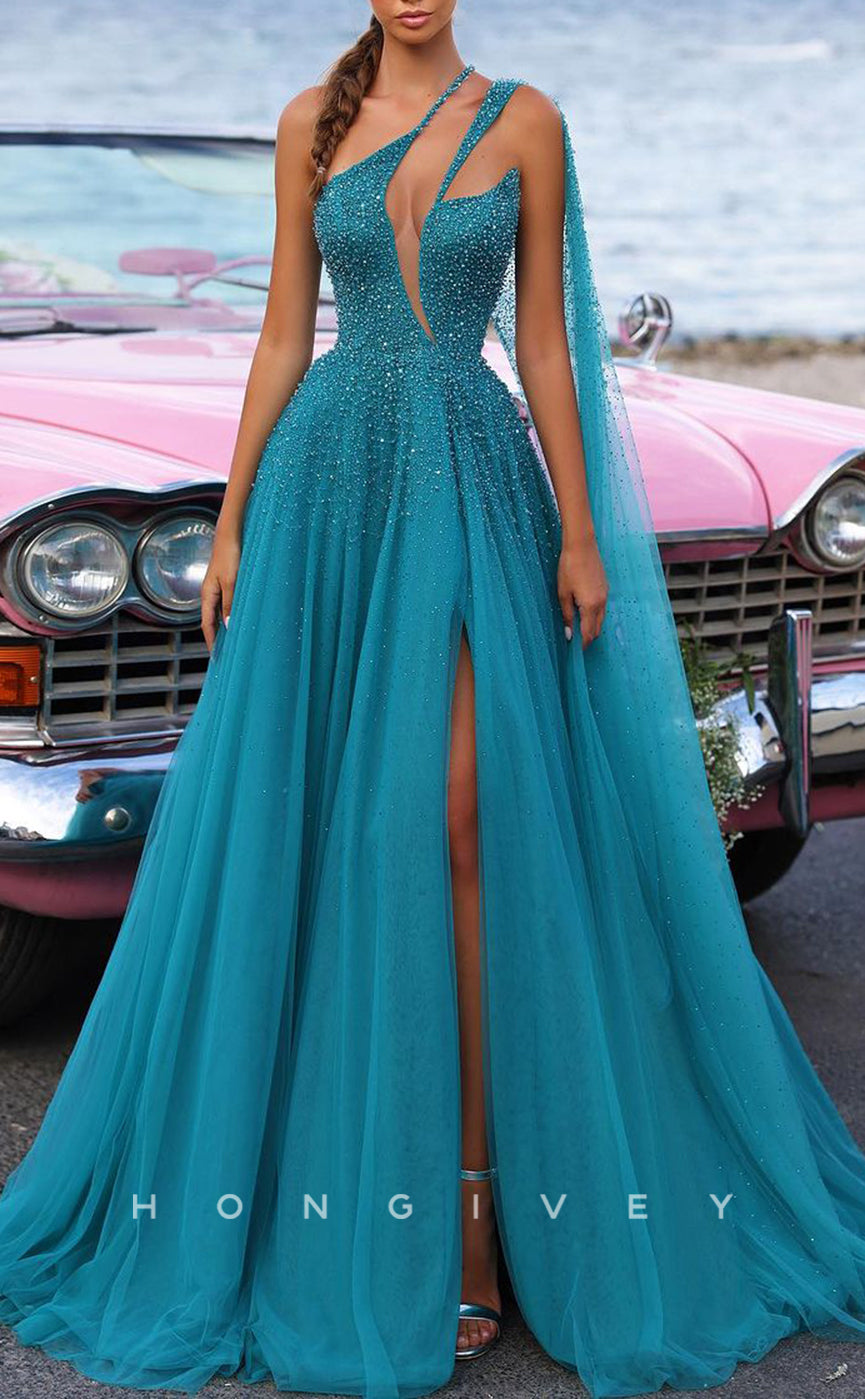 L2414 - Sexy Tulle A-Line One Shoulder Sleeveless Empire Illusion Beaded With Side Slit Party Prom Evening Dress
