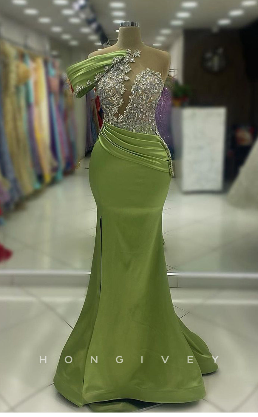 L2417 - Sexy Glitter Satin Trumpet One Shoulder Empire Beaded Ruched Party Prom Evening Dress