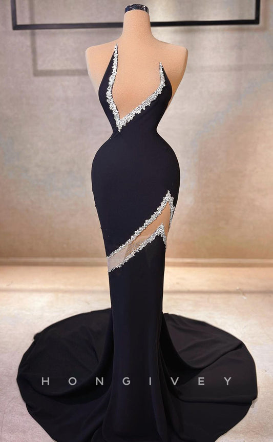 L2422 - Sexy Satin Trumpet Asymmetrical Sleeveless Empire Beaded With Train Party Prom Evening Dress
