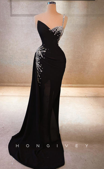 L2423 - Sexy Satin Trumpet Asymmetrical V-Neck Spaghetti Straps Empire Beaded Party Prom Evening Dress