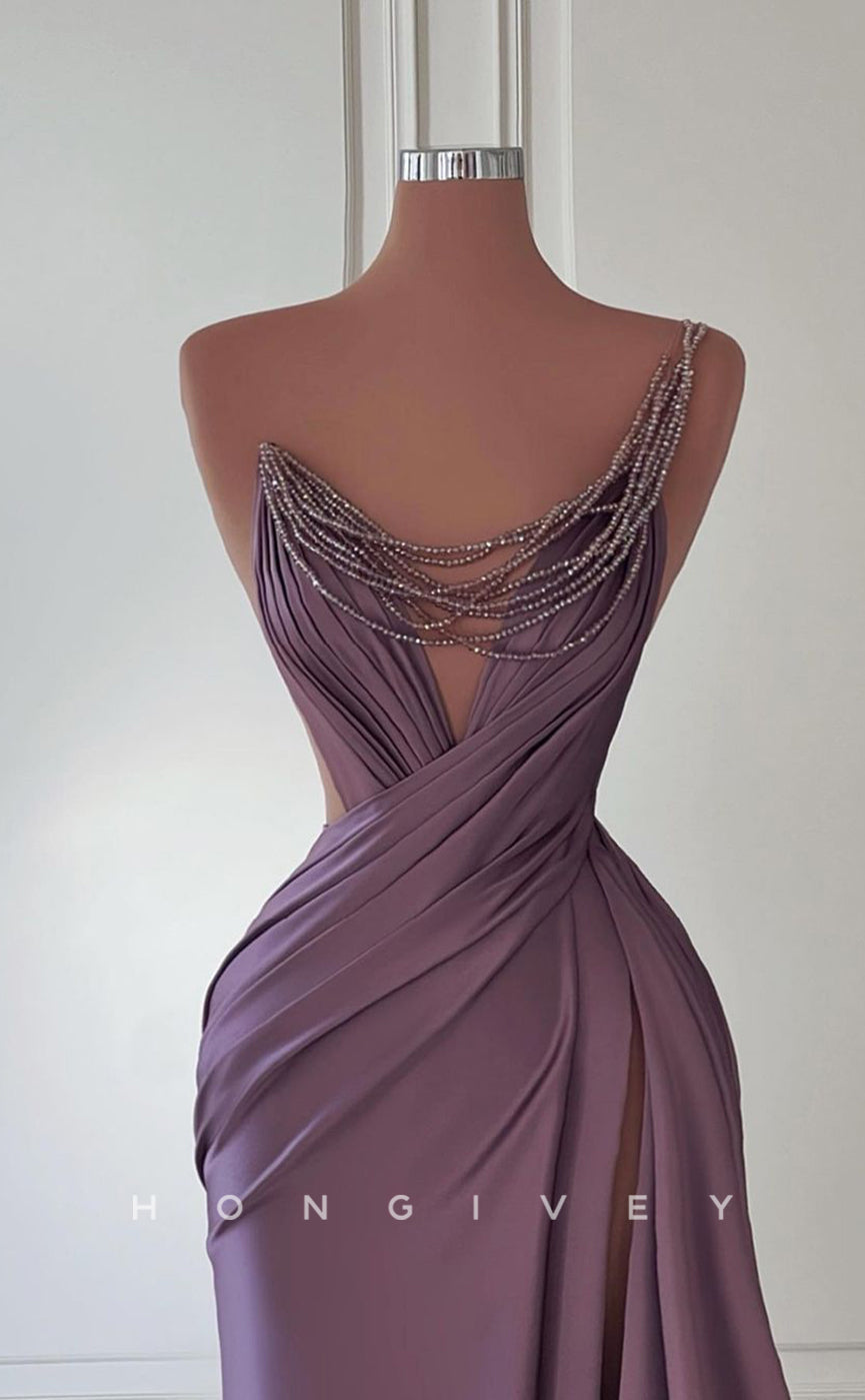 L2424 - Sexy Satin Trumpet One Shoulder Empire Draped Beaded With Train Party Prom Evening Dress