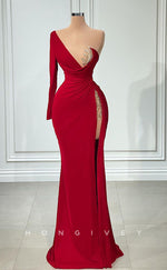 L2425 - Sexy Satin Trumpet One Shoulder Empire Ruched Beaded With Side Slit Party Prom Evening Dress