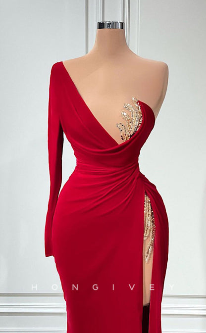 L2425 - Sexy Satin Trumpet One Shoulder Empire Ruched Beaded With Side Slit Party Prom Evening Dress