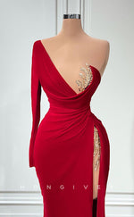 L2425 - Sexy Satin Trumpet One Shoulder Empire Ruched Beaded With Side Slit Party Prom Evening Dress