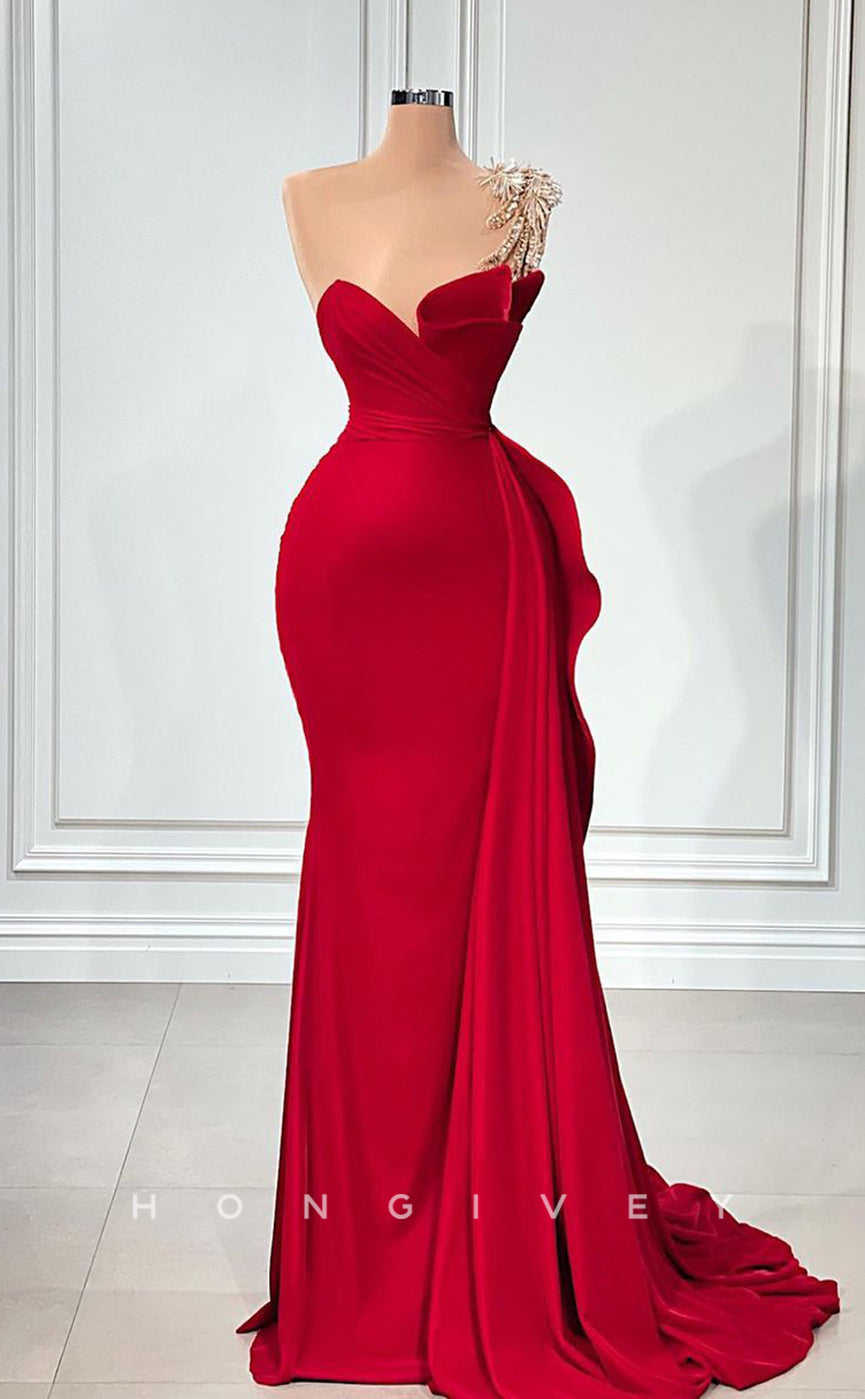 L2426  -Sexy Satin Trumpet One Shoulder Empire Beaded Ruched Ruffles With Train Party Prom Evening Dress
