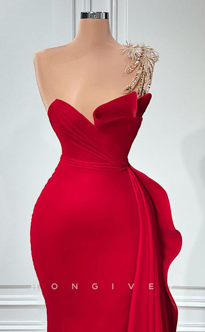 L2426  -Sexy Satin Trumpet One Shoulder Empire Beaded Ruched Ruffles With Train Party Prom Evening Dress