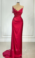 L2427 - Sexy Satin Fitted Bateau Sleeveless  Empire Ruched Beaded With Train Party Prom Evening Dress