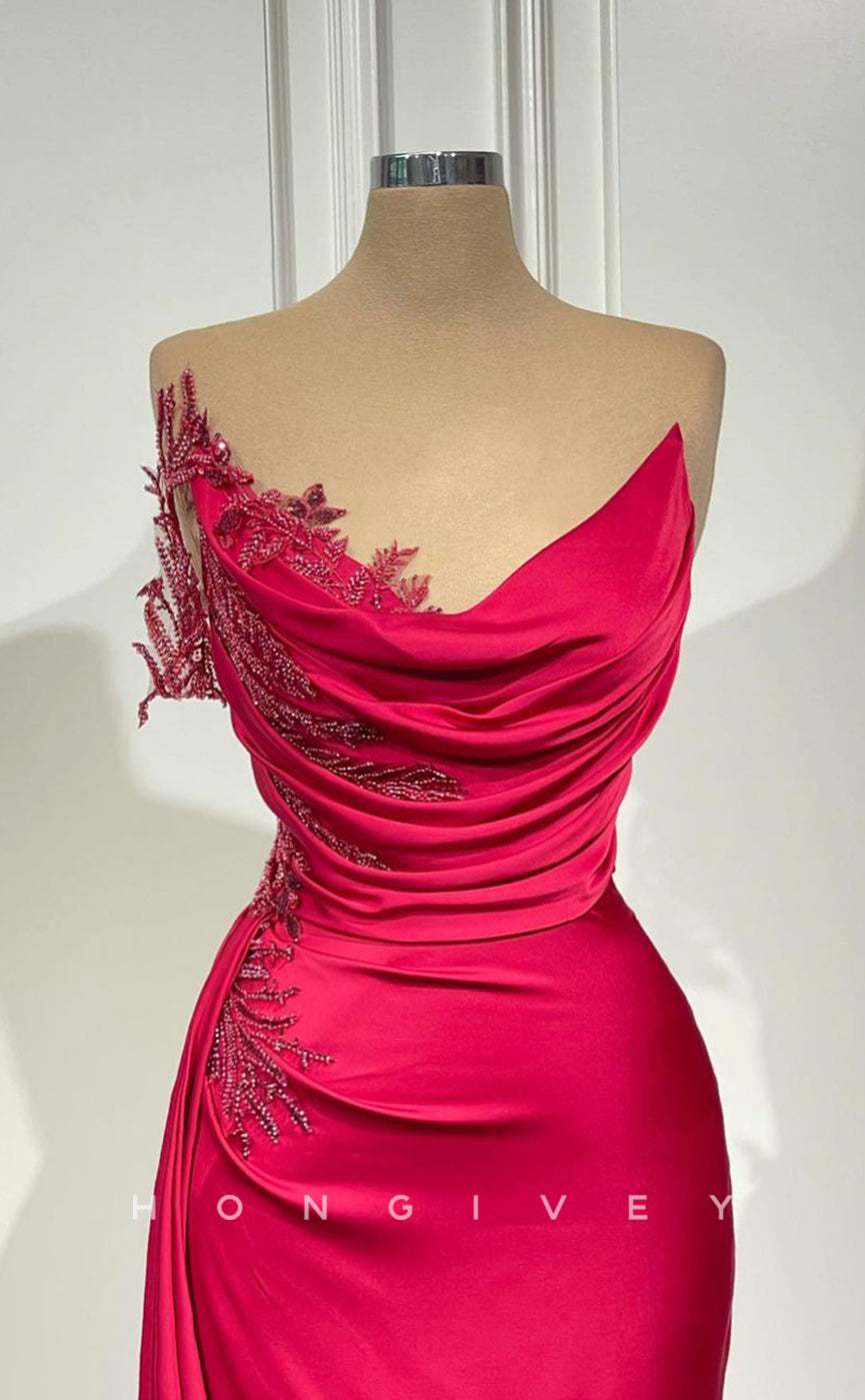 L2427 - Sexy Satin Fitted Bateau Sleeveless  Empire Ruched Beaded With Train Party Prom Evening Dress
