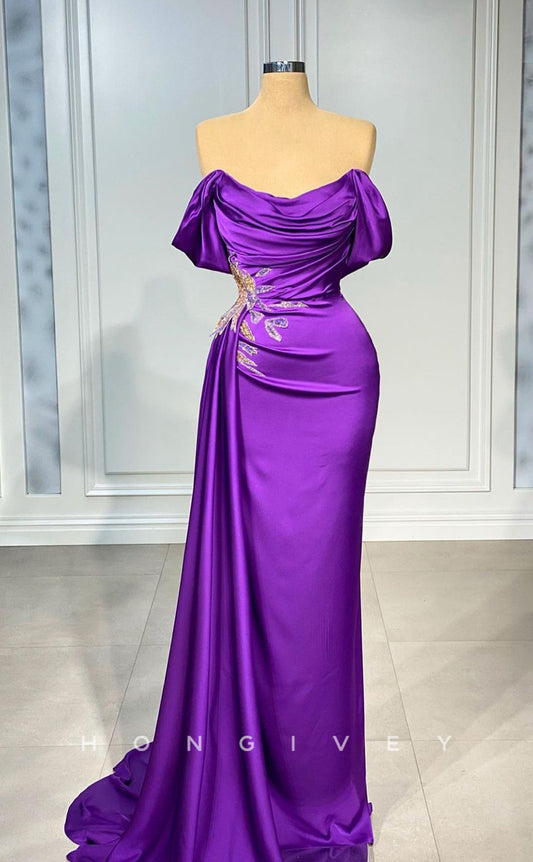 L2428 - Sexy Satin Fitted Off-Shoulder Empire Beaded Ruched With Train Party Prom Evening Dress